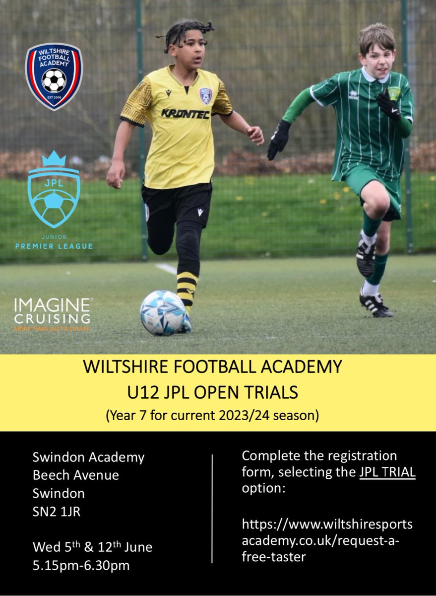 🚨U12’s (current Y7) JUNIOR PREMIER LEAGUE OPEN TRIALS🚨 @WiltsFCAcademy are looking to attract high level players, to strengthen next seasons U13 squad. Book by completing the registration form below (selecting the JPL TRIAL option). wiltshiresportsacademy.co.uk/request-a-free…
