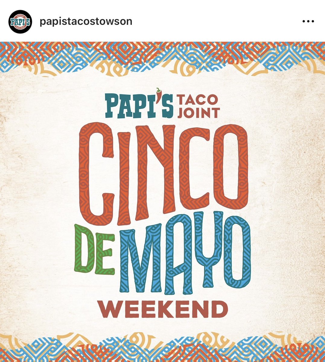 Happy #CincoDeMayo party people🍹🌮 🍹 Pop into Papi's Taco Towson for some fun #specials☀️

#DulaneyPlaza #Community #Shoplocal #Supportlocal #Cinco #Celebrate #Happyhour #FriendsandFamily #SundayFunday #Cheers