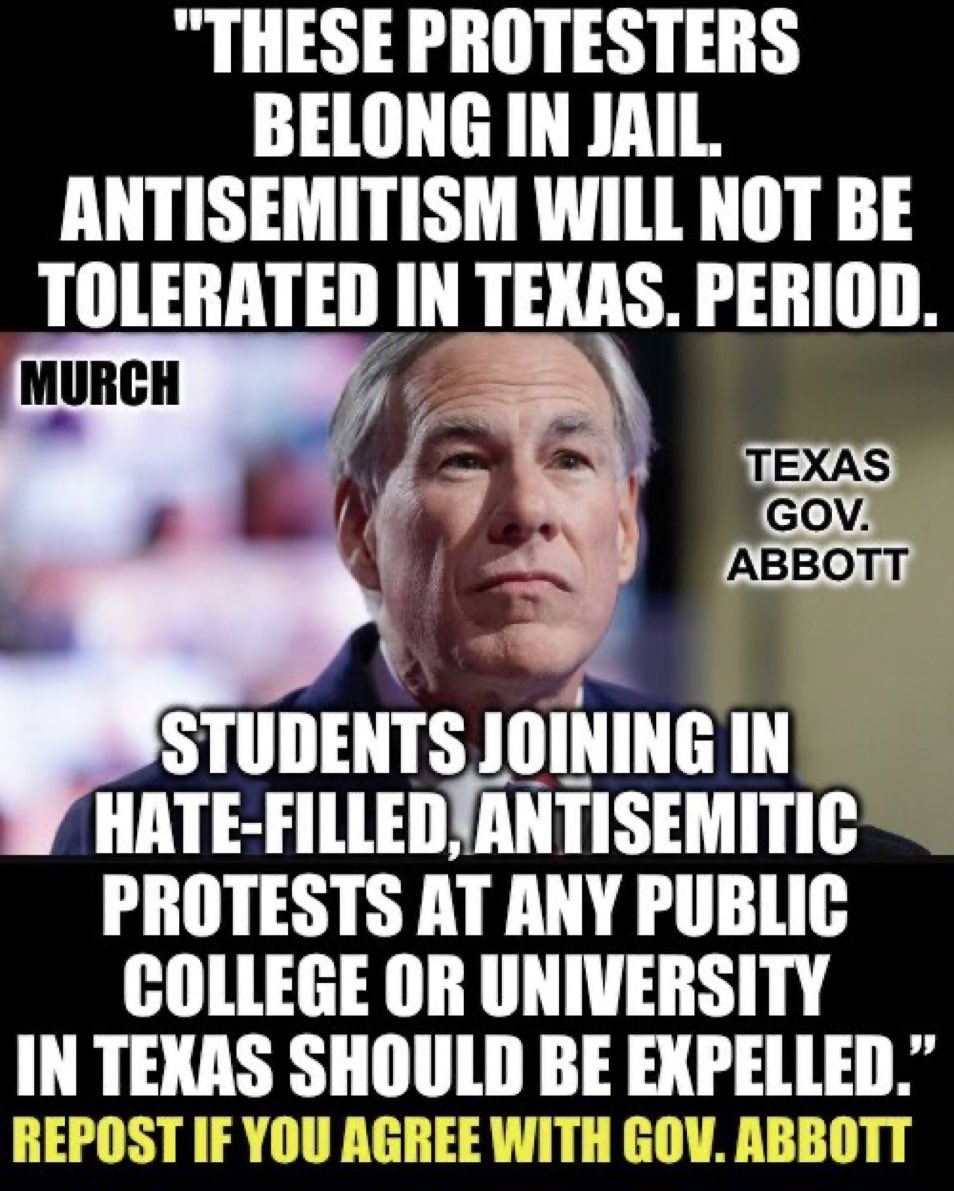 Charge them all Gov. Abbott. Charge every single Hamas, Sharia Law, anti-Semitic supporter in those riots. Every conservative state should be doing the same. Who agrees with Gov. Abbott? 🙋‍♂️