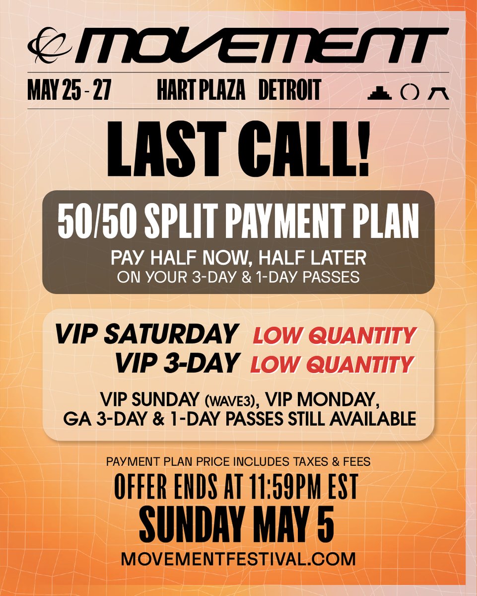 LAST CALL!⁠ ⁠ Offer ends tonight at 11:59pm EST 👀 Secure your 3-Day or 1-Day pass today and pay half now, half later using the 50/50 split payment plan special. Head to movementfestival.com ⁠ ⁠ 🚨 VIP 3-Day & Saturday are moving fast!⁠ Secure yours before they are gone