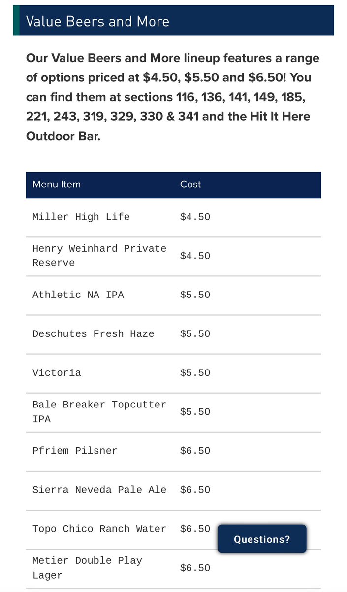 Friends, this is the value beer list at @TMobilePark. I would legit go to every Giants or A's (RIP) game if they did this.