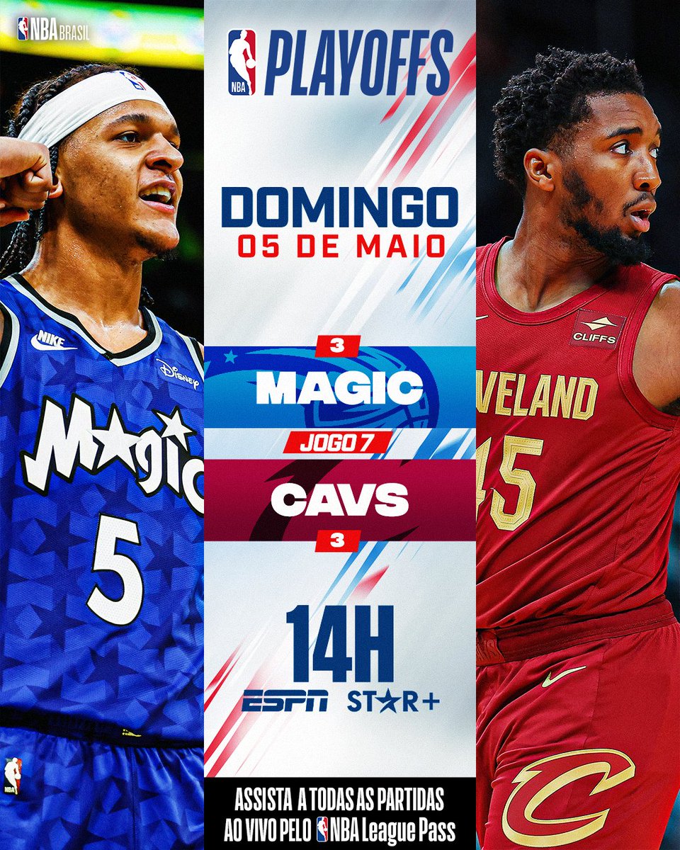 AGORA É TUDO OU NADA! 🏀🔥 Neste domingo, a partir das 14h, a bola vai subir para o JOGO 7 entre Orlando Magic e Cleveland Cavaliers, com transmissão da @espnbrasil e @starplusbr! 💥 Quem vai levar a melhor nesse jogão?

#NBAPlayoffs NBAnaESPN