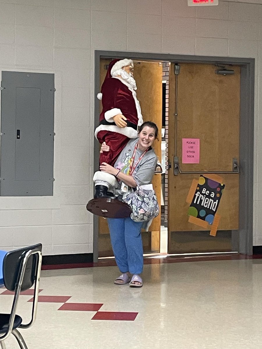 Today is Mr. Duane’s birthday. His Santa shenanigans continue. Not pictured are Mrs. Kayla & Mrs. Donna who placed the Santas (yes, more the one) in the ladies’ restroom to scare everyone to death, including a student’s grandmother. Mrs. Amanda took the matter into her own hands.