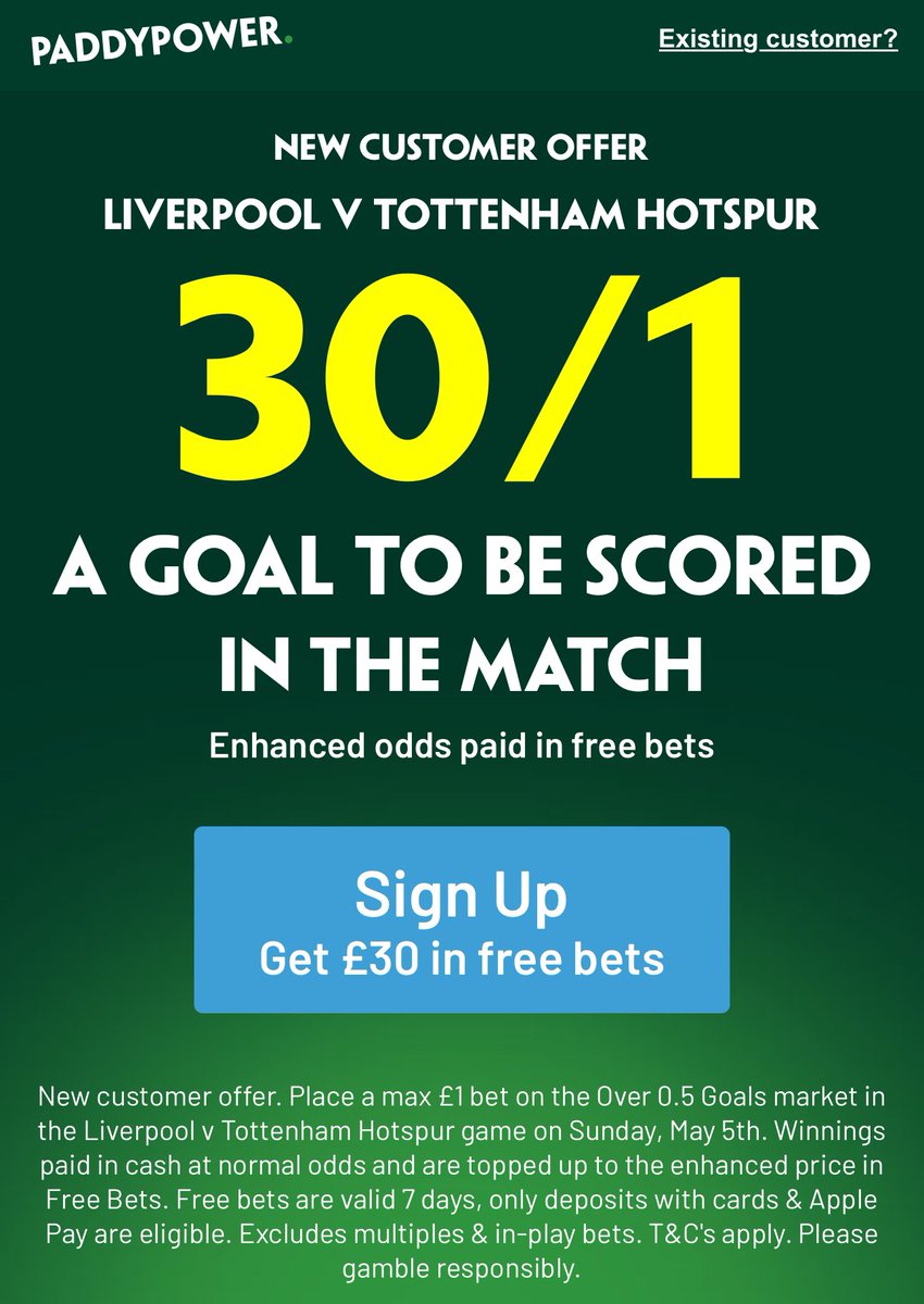 HUGE PREMIER LEAGUE OFFER!⚡️ A goal to be scored in Liverpool vs Spurs is a massive 30/1 today😍🚀 18+ #ad t&c apply begambleaware.org This is surely a banker today👊 Claim 👉 bit.ly/LivSpurs30-1PP