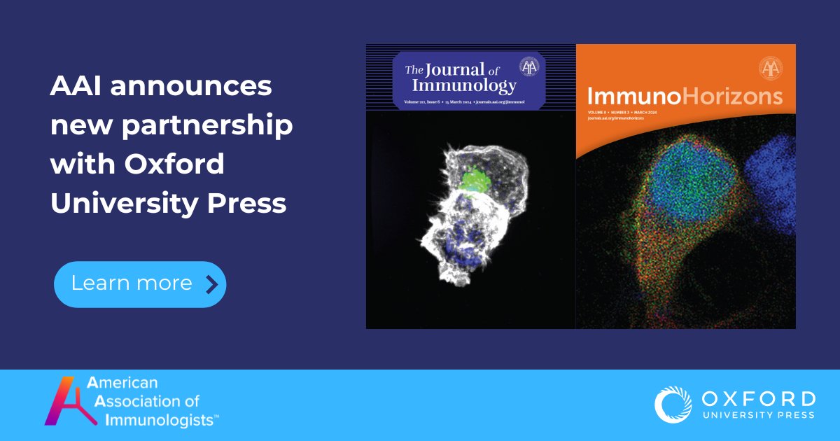 AAI is thrilled to announce a new partnership with Oxford University Press! @OUPAcademic will begin publishing The JI & @ImmunoHorizons in January 2025. AAI will retain ownership & editorial control of its journals. Learn more at ow.ly/vSJY50RwEW8 or Booth 725! #AAI2024