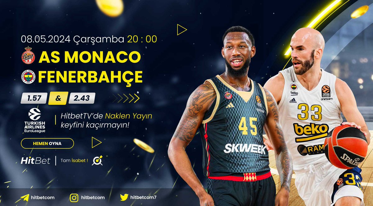 #ASMonaco ⚜ #Fenerbahçe karşılaşması #Euroleague heyecanı ile bu akşam saat 20:00'da #Hitbet'te! 🌐Güncel Giriş : h.t2m.io/Hitbet-Twitter 📺 Maç Yayınları : h.t2m.io/HitbetTV 🎯#Hitbet #Tamisabet
