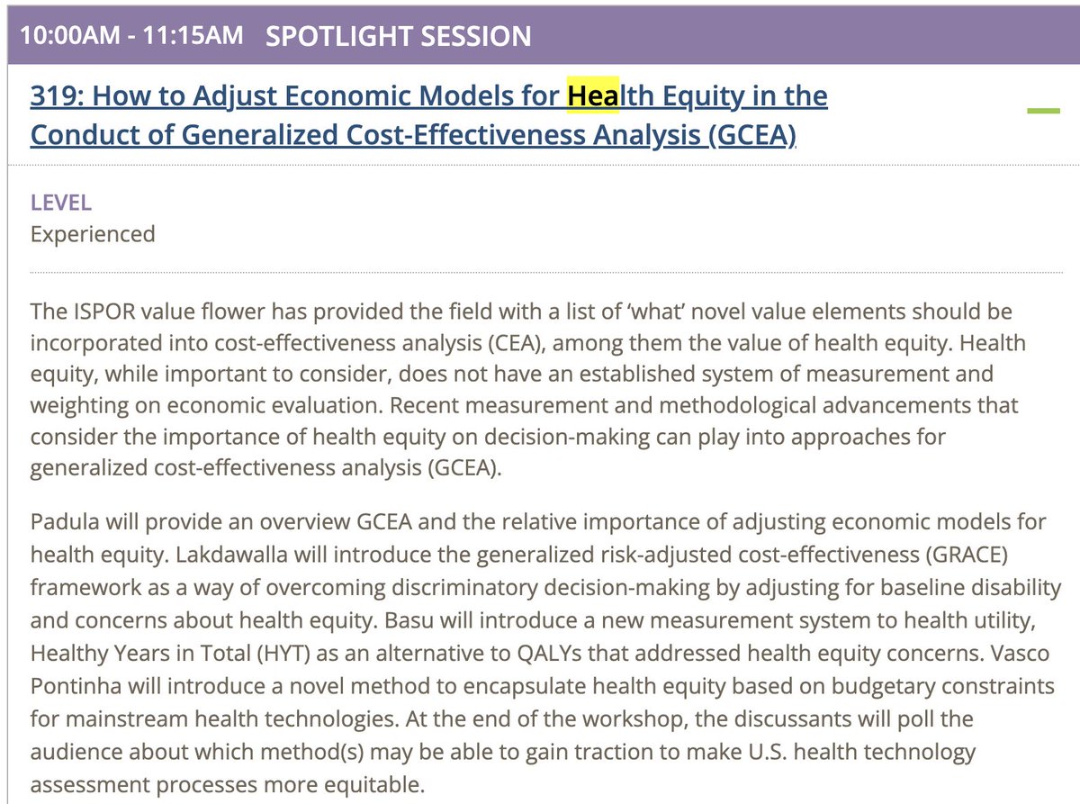 MARK YOUR CALENDAR #ISPORAnnual - Weds 5/8 @10am: Spotlight session about Generalized CEA and health equity. How to adjust #HTA for health equity methdologically. Featuring @nancydevlin1 @Basucally @vpontinhaphd and Darius Lakdawalla @SchaefferCenter. @ISPORorg @PeterKolchinsky