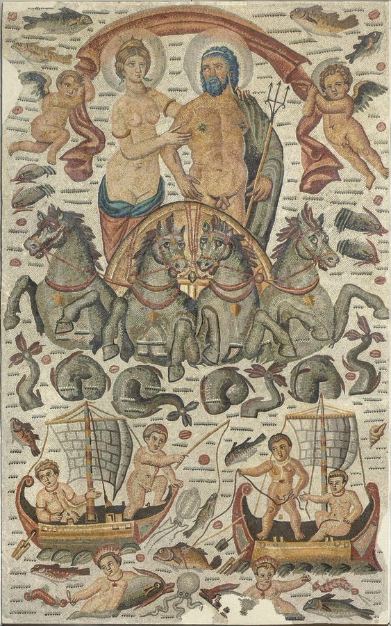 Mosaic from Cirta, modern-day Constantine, Algeria, circa AD 300-325. Neptune and Amphitrite are depicted riding in a sea-borne chariot, while marine creatures and activities fill out the field. 

Discovered in 1842. 

Louvre Collections 

#Algeria #Numidia #MosaicMonday