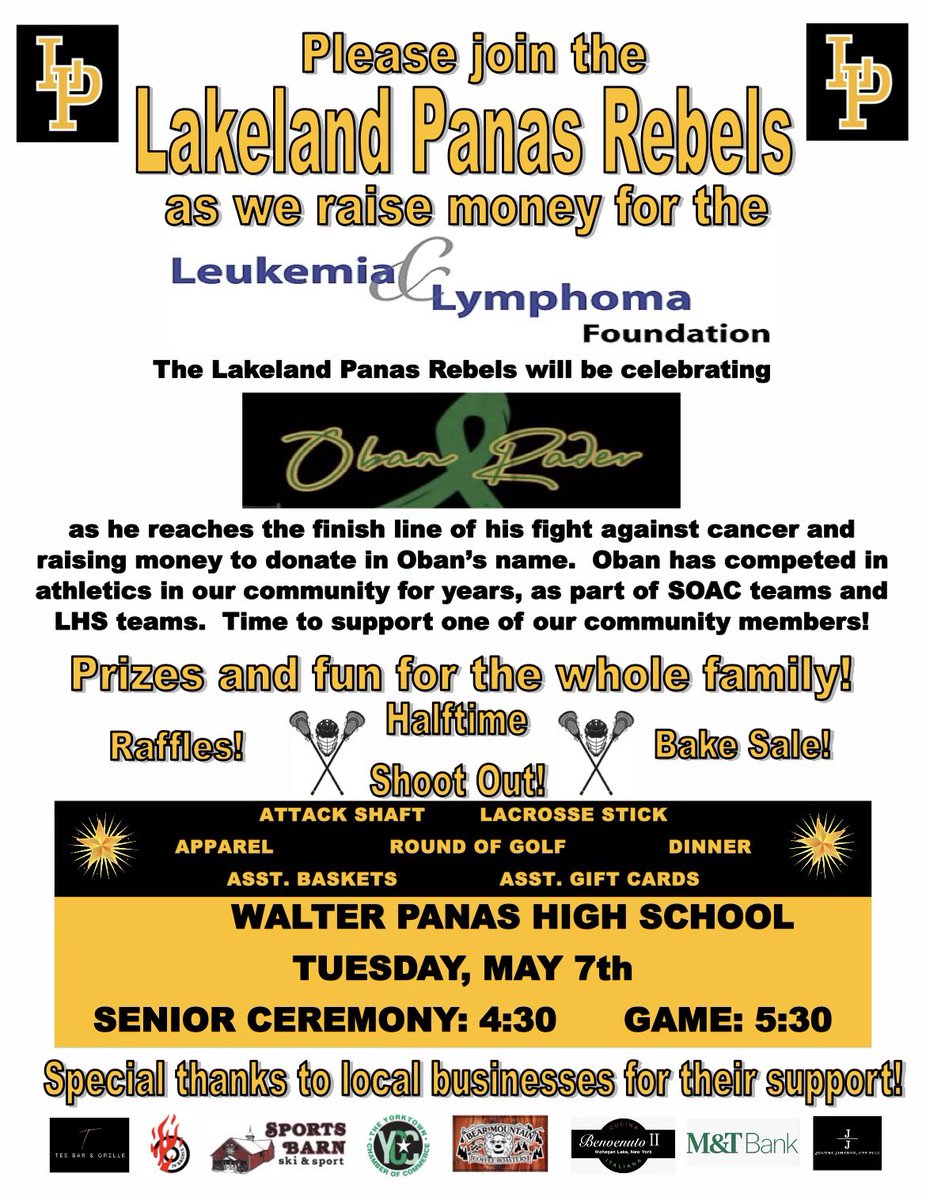 Please join us at our game this Tuesday as we raise money to support our Junior Attackman, Oban Rader, as he continues his battle fighting Hodgkins Lymphoma. All proceeds will go towards his foundation! @LakelandPanas @LoHudLacrosse @LAKELANDS0CCER @LakelandCSD @lcsdlhs @lcsdwphs