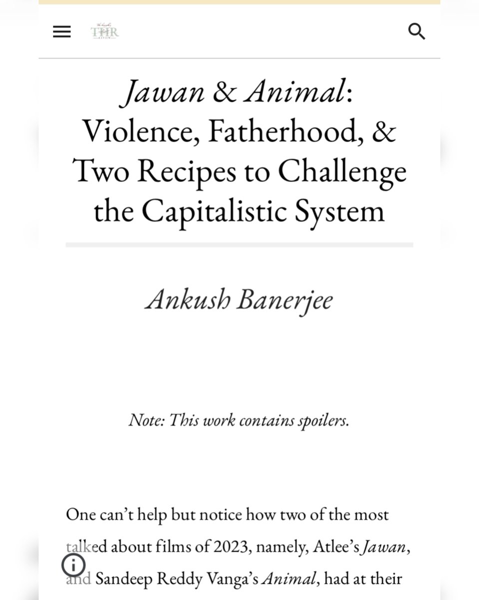 Chuffed to share my comparative analysis of Vanga's Animal and Atlee's Jawan in the awesome @HooghlyReview. Many thanks to @ankit_raj01 & @TejaswineeRC for giving this piece a home. Please read the review essay here

thehooghlyreview.com/weekly-feature…

#masculinity #filmstudies #culture