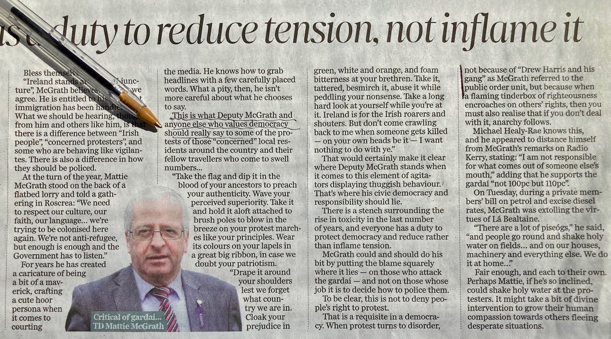 A nasty attack in today’s ⁦@Independent_ie⁩  ⁦@AlanEnglish9⁩ on decent man ⁦@mattiemcgrathtd⁩ by Belfast’s Máiría Cahill.  Mattie & @CNolanOffaly have been proved correct on migration. And it was #DrewHarris not Mattie who first referred to Gardai as a “gang”
