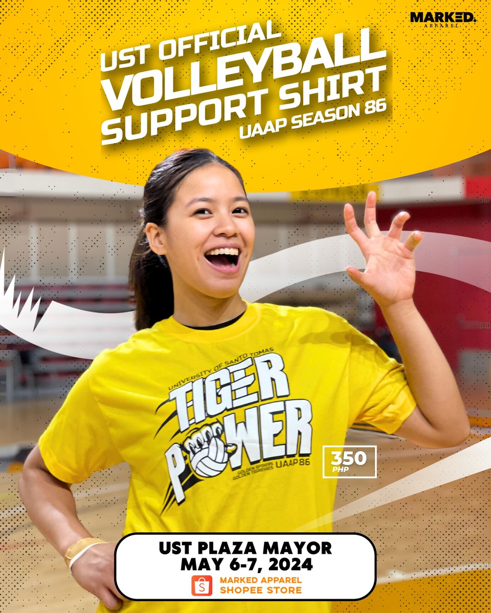 Tap into your inner Tiger spirit! Grab your official UST Support Shirt at UST Plaza Mayor from May 6 to May 7, 2024, or order online from our Shopee store with next-day delivery!

SHOPEE: shopee.ph/getmarkednow

#GoUSTe #UAAPSeason86 #UAAPVolleyball #GetMarkedNow #USTvsDLSU
