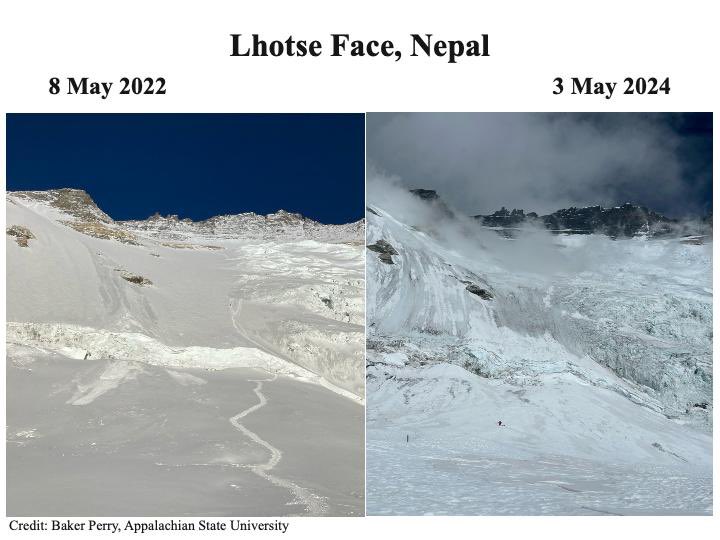 Very high snowline currently in Nepal Himalaya (>6050 m asl, @realglacier) meaning low accumulation for glaciers ❄️📈 Highest mountains of the planet look very dry this year, as shown by these impressive shots of Lhotse (8,516m, 4th world highest peak) south face by @BakerPerry1!