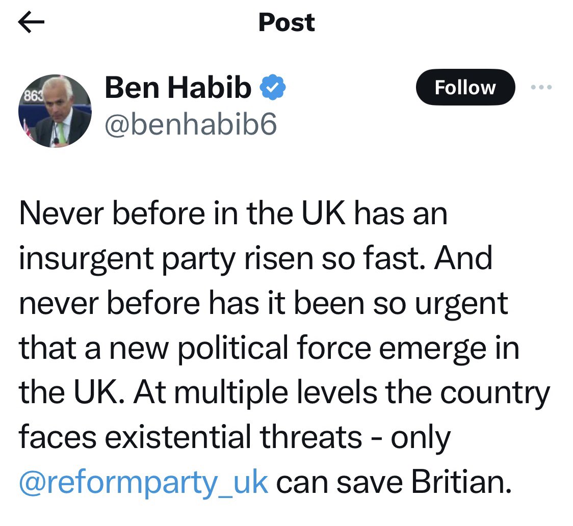 I’m pretty sure the Brexit Party rose much faster in terms of votes and seats (in 2019 Euro election). But in the general election a few months later it pulled in its horns to help the Conservatives to victory—the very party it now accuses of toxicity and ‘destroying’ the UK.