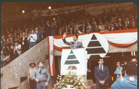 Bashir Gemayel delivering a speech in front of thousands of Kataeb partisans in Jounieh, May 1, 1980.