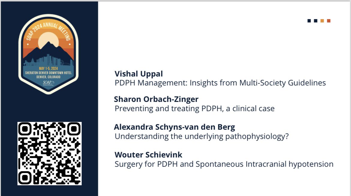 8am-ish in Denver and time for a much anticipated session: PDPH beyond the guidelines. Moderated by Dr Lisa Leffert, featuring @Ropivacaine, @euklaas, @sharonOzynger and @WouterSchievink at #SOAPAM2024 #OBAnes (HT: @Ropivacaine, bless his heart, he knows I hate missing out)