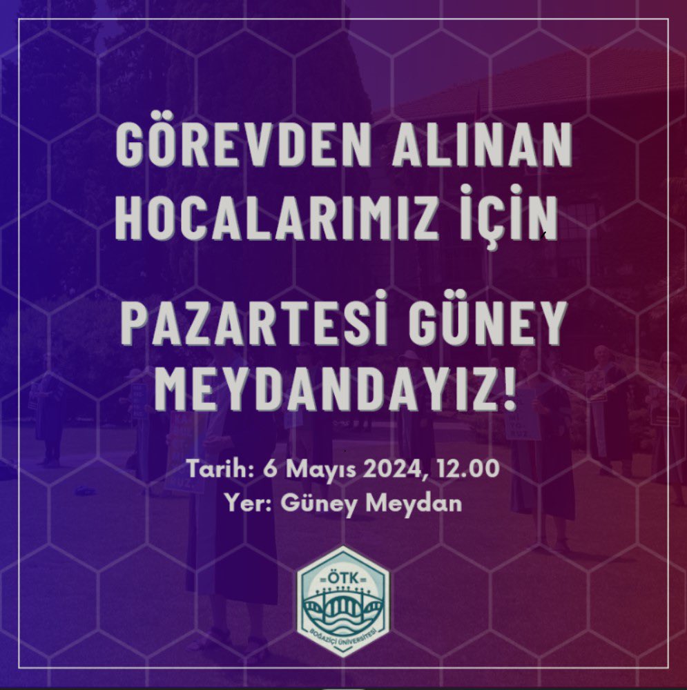 Son haftalarda Bilgisayar Mühendisliği, Öğrenme Bilimleri, Bilişsel Bilim ve Sosyal Politika programları, Fen Bilimleri ve Sosyal Bilimler Enstitülerindeki görevlerinden alınan akademisyenlerimiz için, 6 Mayıs Pazartesi günü hocalarımızın nöbetinin ardından basın açıklamamızı