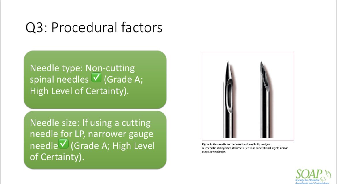 Procedural factors: needle type and needle size are Grade A, High level of certainty. #SOAPAM2024 #OBAnes