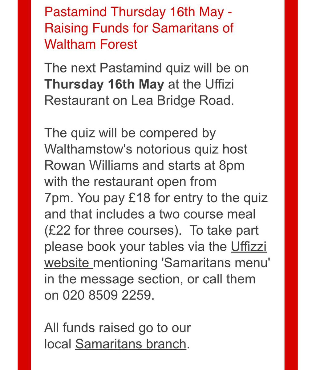 To clarify Walthamstow it’s not the notorious former Archbishop of Canterbury Rowan William’s running the pastamind quiz for @samaritans next week but the other Walthamstow Rowan @rowanmc a brilliant quiz host (but not ordained..) apologises for confusion from my newsletter! 🥹😂