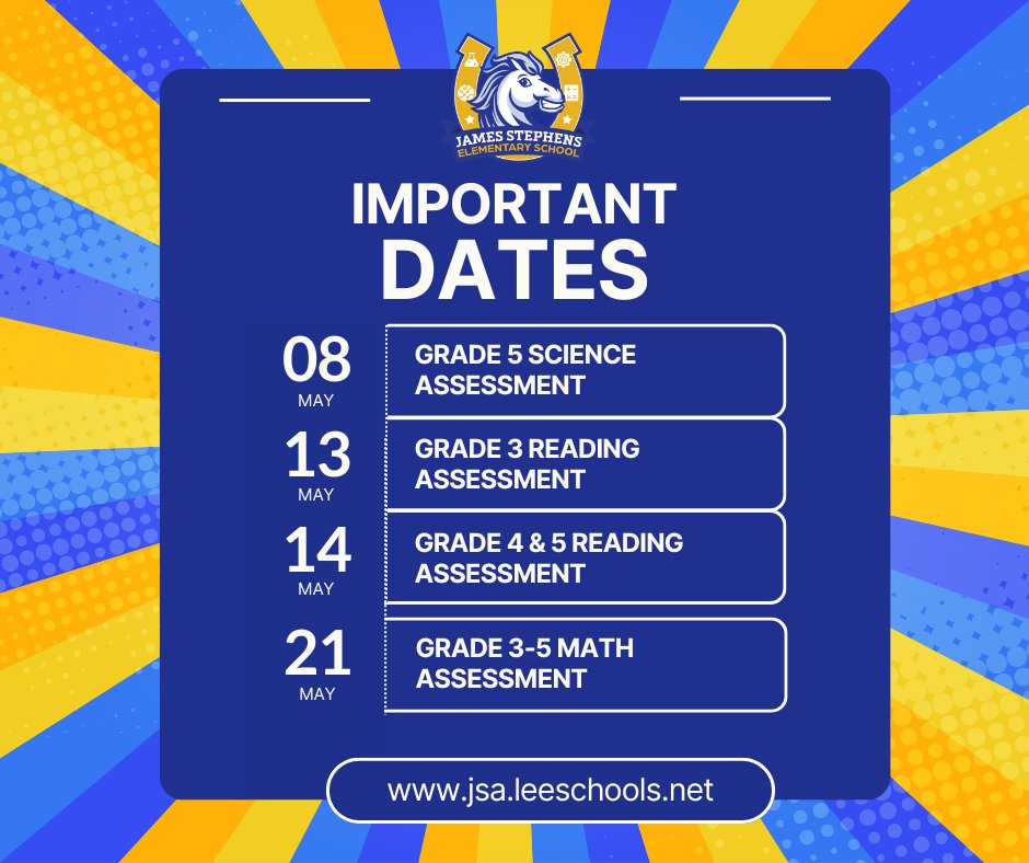 JSEMustangs's tweet image. Attention Mustang Families: Testing season is upon us. Here are some important dates to keep in mind. Please make sure your child is getting a good night&apos;s rest and arrives to school ON TIME to ensure they are prepared to do their best! 💙🐴💛
#beprepared #jsemustangs
