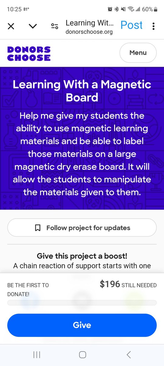 We are in need of a magnetic dry erase board. Any help is appreciated. @DonorsChoose @TexasStrongDC #twitterteacher #1stgradeteacher 
donorschoose.org/project/learni…