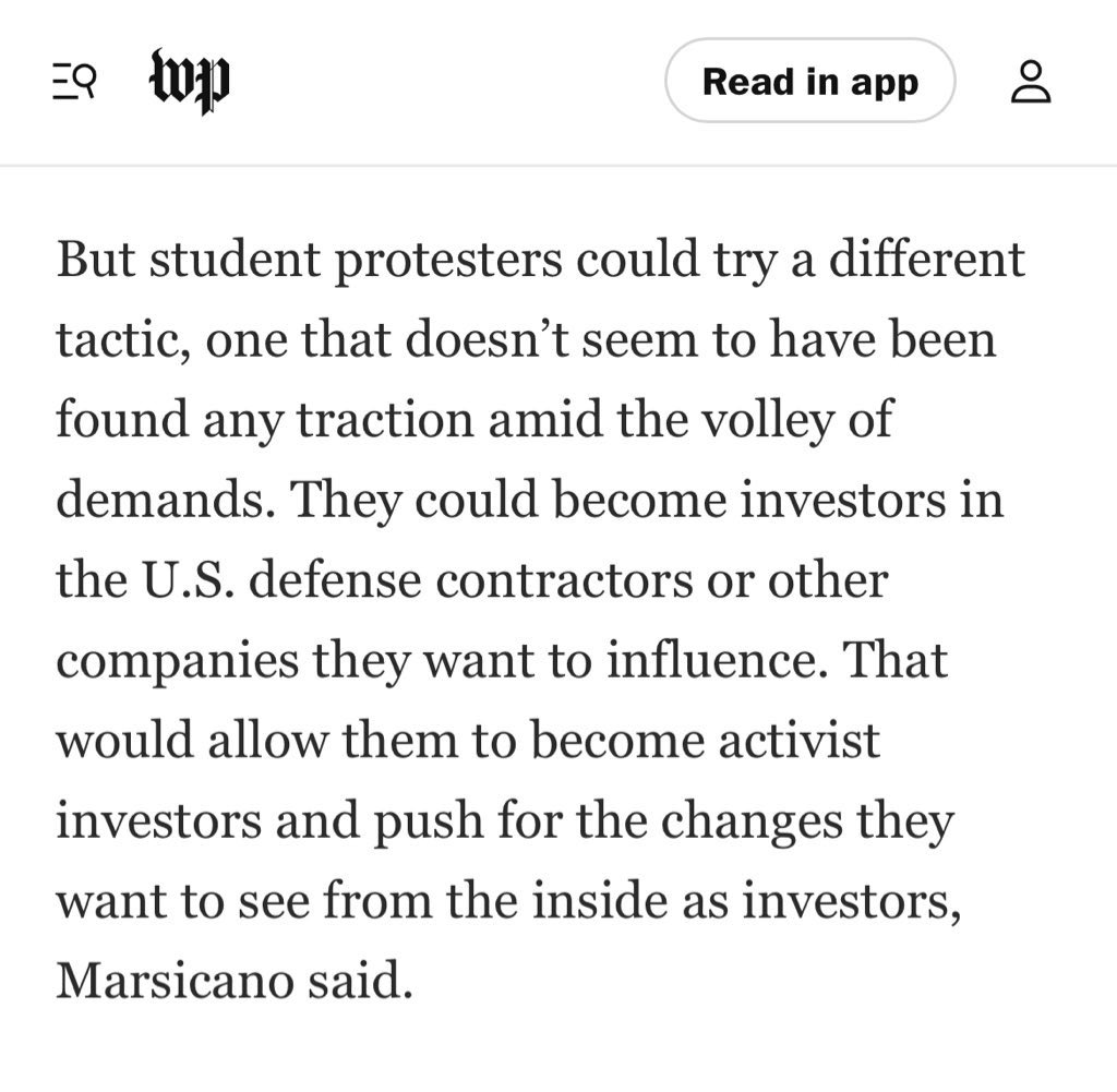 Why don’t students living on minimum wage jobs just become activist investors and take over the defense contractors??