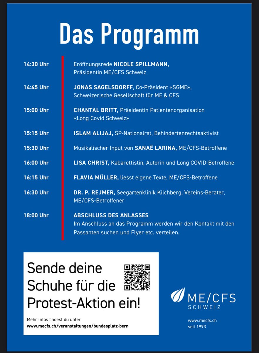 Ihr Lieben 🫶🏼 

Kommt am nächsten Samstag, 11. Mai,
vor das #Bundeshaus in #Bern .

Zeigt euch solidarisch mit den ca. 65‘000 #MEcfs Betroffenen in der Schweiz, welche für biomedizinische Forschung, Versorgung und Anerkennung kämpfen 🤗 

RT🙏

#MillionsMissing

1/2
