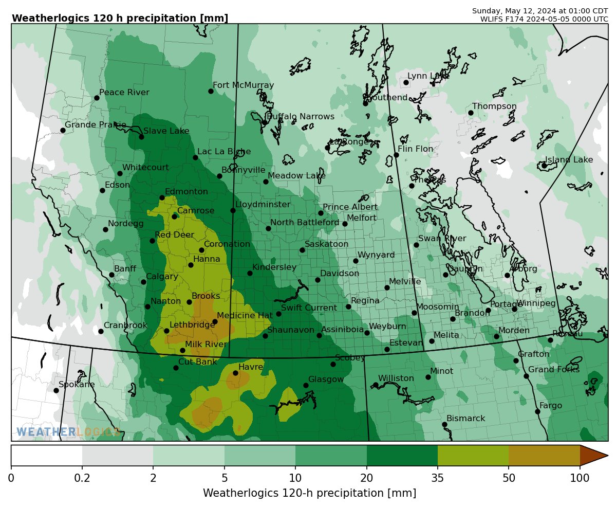 Another significant rainfall event is on the way for the western Prairies this week. You can't say the drought is over everywhere, but this signals the end for most of the Prairies. The map below shows total forecast rainfall from today through Saturday, May 11.