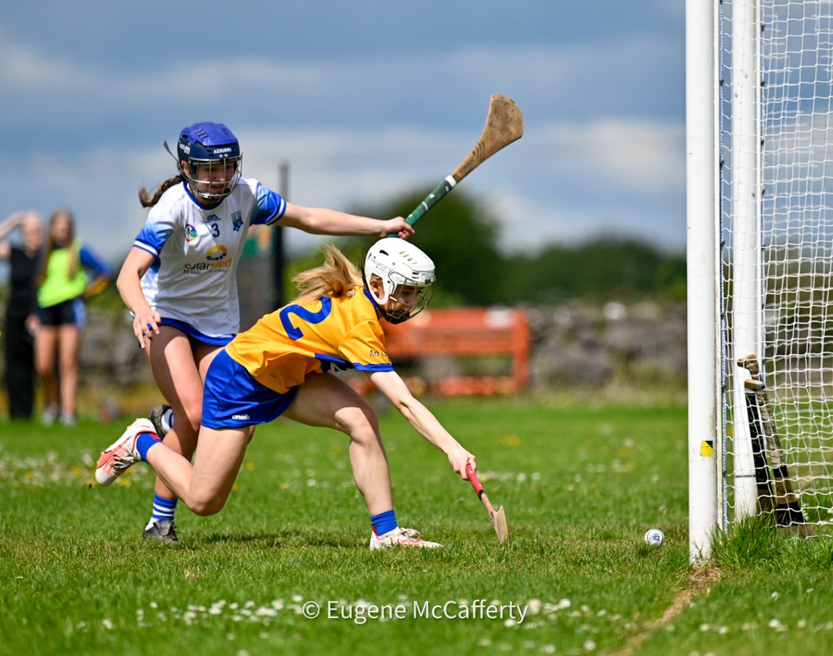 Áine Quaid scores for Clare with a tap-in against Waterford in the first round of the U16 All Ireland Camogie Shield Championship. Result @ClareCamogie 3-9 @deisecamogie 4-12. Photograph by @eugemccafferty.
