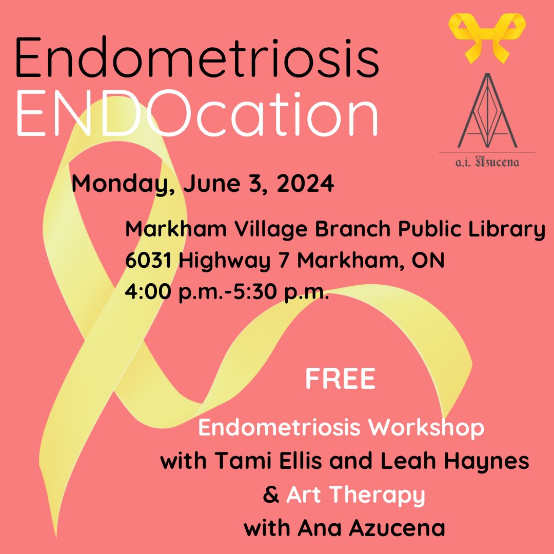 FREE @markhamlibrary #endometriosis workshop June 3 @ 4:00 p.m. ET #Markham ✏️Discussion w/ Q&A ✏️Shared lived experiences ✏️Self-Advocacy ✏️Physical + mental well-being ✏️Wellness activity REGISTER: bit.ly/3UrMDdg