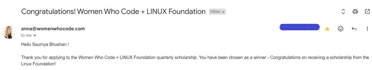 🎯Thrilled to announce that I've been awarded a #scholarship by @WomenWhoCode! for getting free certs and courses from @linuxfoundation. 
🚀 I am really grateful for their support in empowering women in tech. 🤩