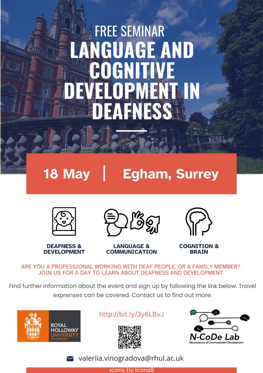 Valeria Vinogradova (@valeriavngrd) on Twitter photo Interested in language and cognitive development in deafness? Join us at Royal Holloway for a free seminar on the 18th of May. Follow this link to sign up and secure your spot! bit.ly/3y6LBvJ Contact me here or at valeriia.vinogradova@rhul.ac.uk for details and requests Interested in language and cognitive development in deafness? Join us at Royal Holloway for a free seminar on the 18th of May. Follow this link to sign up and secure your spot! bit.ly/3y6LBvJ Contact me here or at valeriia.vinogradova@rhul.ac.uk for details and requests
