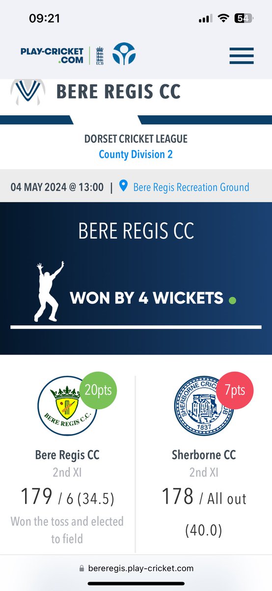 Bere Regis 2nds win by 4 wickets (Jacob Kennard 46, Harry Green 20n/o & Tom Swain 3-19, Jacob Kennard 3-24)#DoubleWinWeekend#COYB