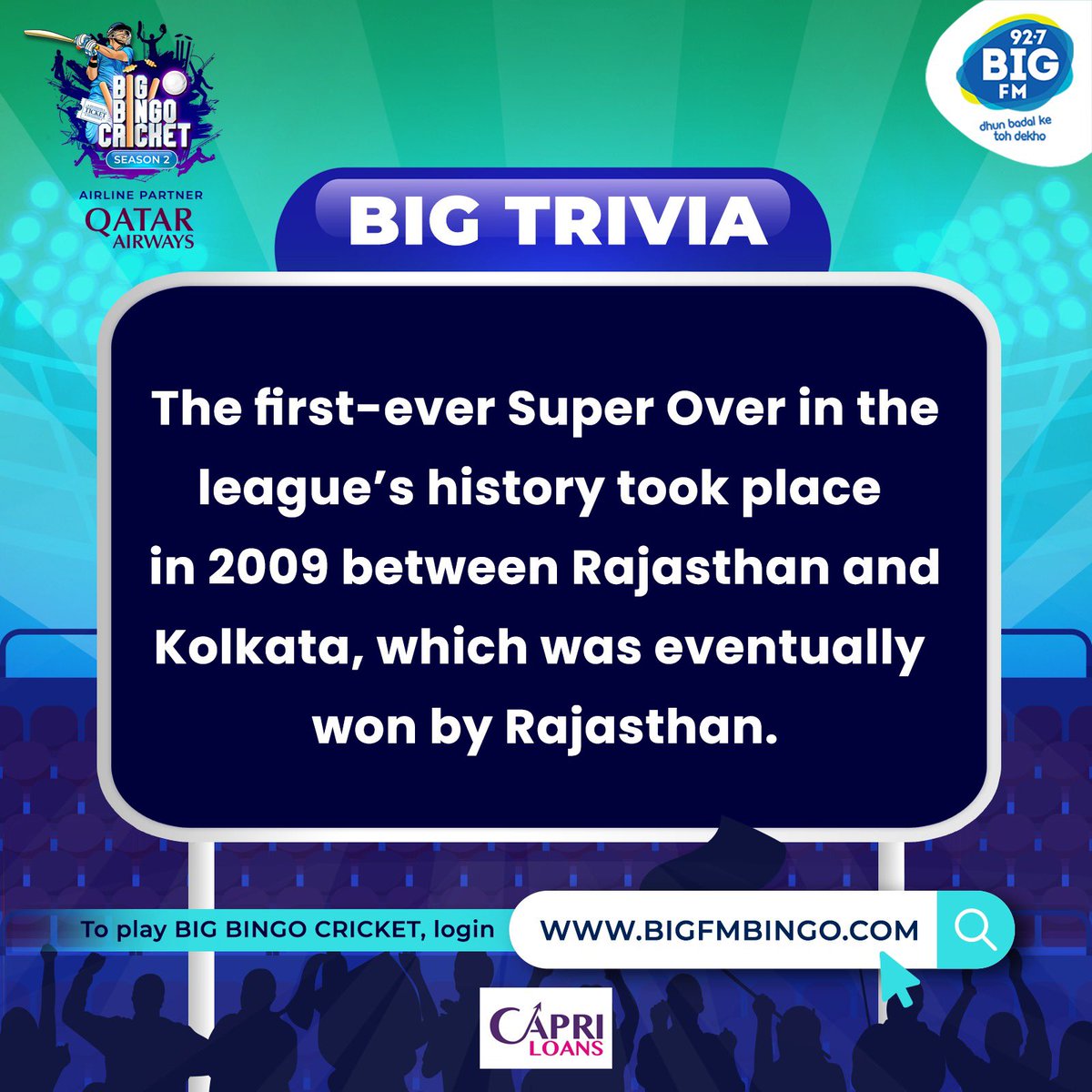 Its time for some weekend BIG Trivia ✨ This time its Double the Cricket, Double the Thrill with BIG BINGO Cricket Season 2 and @IrfanPathan 💙 Register and login on bigfmbingo.com to start playing 🏏 Airline Partner: @qatarairways #BIGFM #DhunBadalKeTohDekho