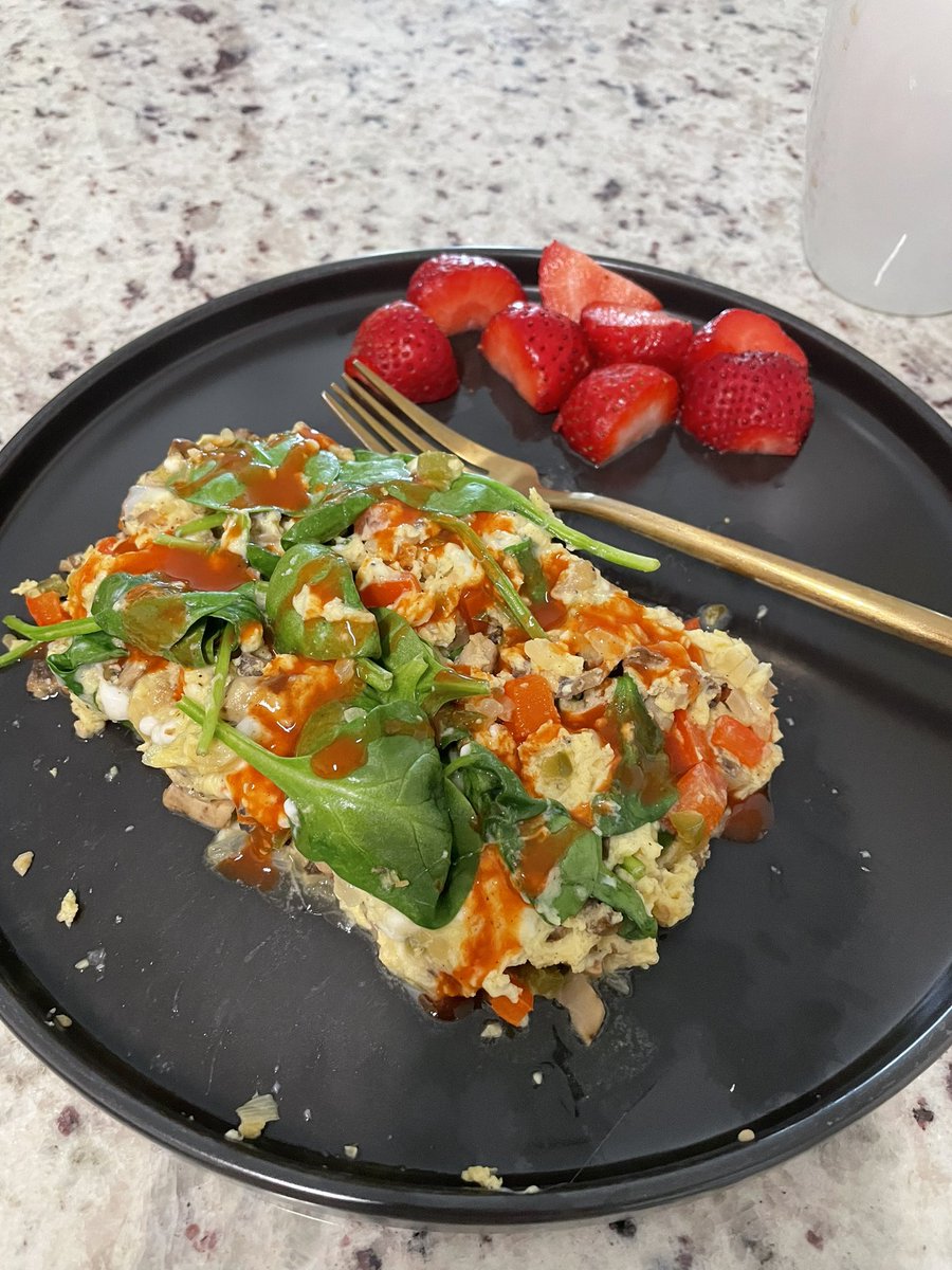 My omelettes usually turn into scrambles.  Veggie omelette with cottage cheese.  Strawberries on the side. #HealthyDiet #HealthyEatingHabits