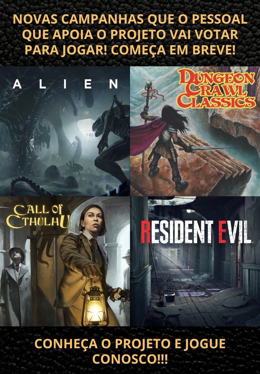 Vamos abrir uma nova campanha para os apoiadores do Pega Essa Flecha! Qual sistema? Os jogadores vão escolher.

Sistemas para o pessoal escolher:
#1 Alien RPG
#2 Call of Cthulhu
#3 DCC RPG
#4 Resident Evil (sistema The Walking Dead)

Conheça o projeto:
catarse.me/flechamagica