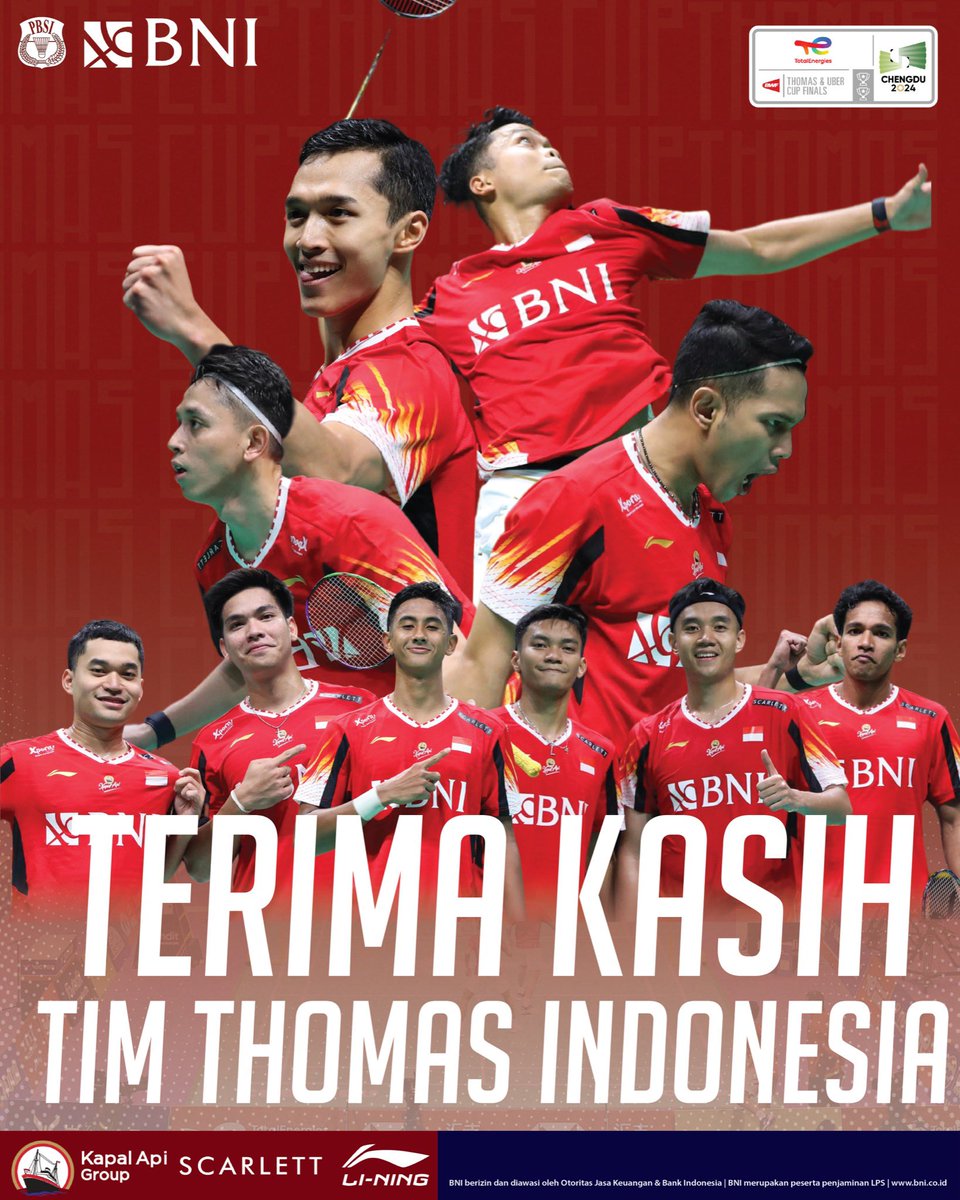 INABadminton's tweet photo. Tim putra Indonesia meraih predikat runner-up Piala Thomas 2024 setelah mengakui keunggulan China di partai final. 

Anthony Sinisuka Ginting dan Fajar Alfian/Muhammad Rian Ardianto yang turun di dua partai pertama, telah berusaha keras sebelum diadang lawan masing-masing. 

Jonatan Christie sempat memperkecil ketertinggalan tim Merah Putih menjadi 1-2 usai menang atas Li Shi Feng lewat rubber game. 

Di partai keempat, Indonesia harus mengakui keunggulan China setelah pasangan ganda putra Bagas Maulana/Muhammad Shohibul Fikri diadang He/Ren.

Hasil ini membuat tim putra Indonesia selalu naik podium dalam tiga edisi terakhir Piala Thomas, yakni juara pada edisi 2020 dan runner-up di 2022 dan 2024.

Terima kasih telah bertarung sepenuh tenaga! Kami bangga! 🔥🔥🇮🇩🇮🇩

#KitaIndonesia
#BadmintonIndonesia #ThomasCup2024 #UberCup2024 #ThomasUberCup2024 #MenjagaMerahPutih  #BNIGlobalReachIndonesianPride