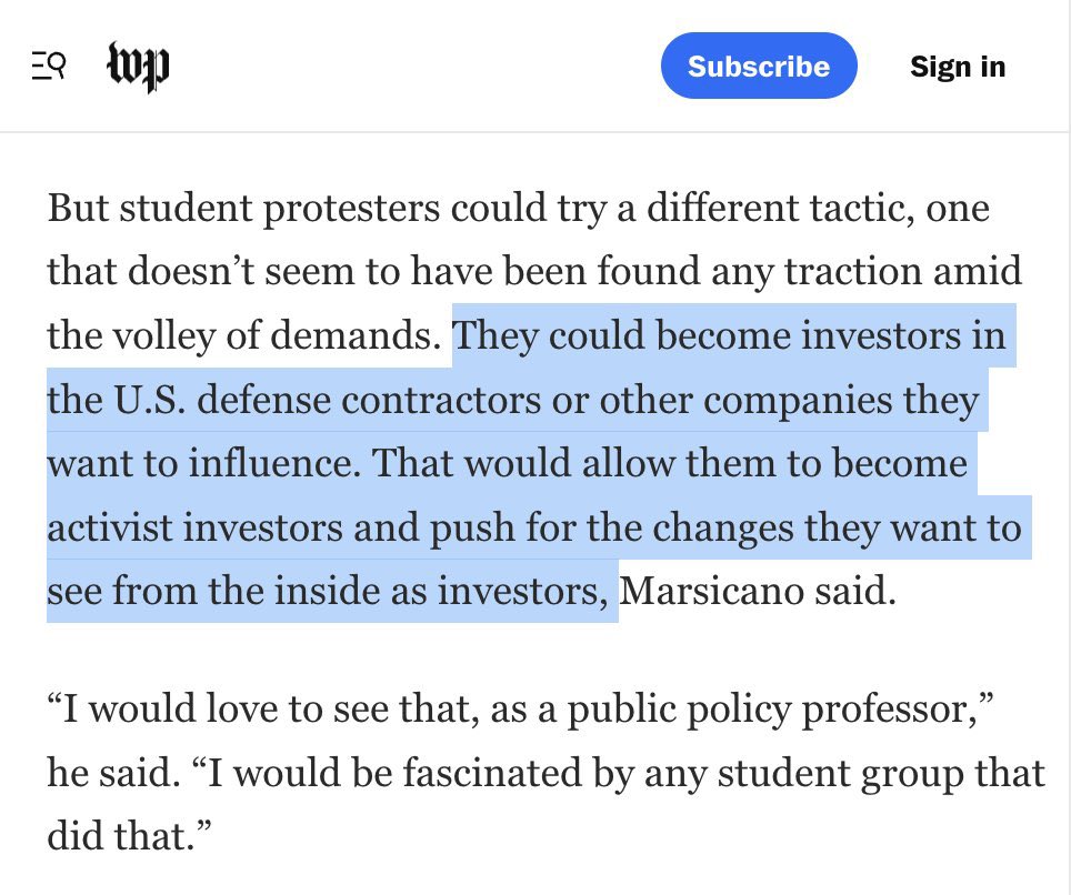 Still amazed by this take. How many billions would students have to invest to gain meaningful influence over arms sales?