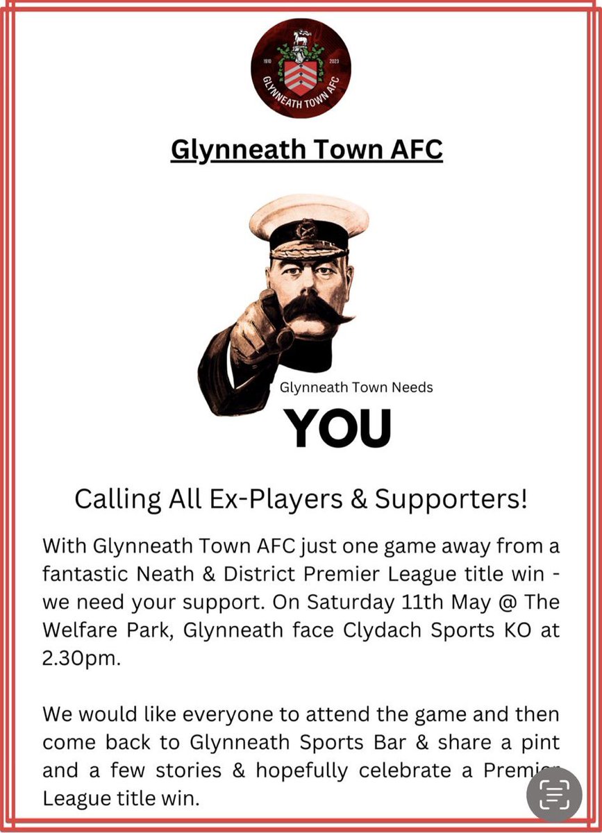 ‼️NEXT SATURDAY‼️🏆 Title decider 🏆
The final game of the season for the firsts in the Neath Premier League and a chance to lift the trophy for the first time since 1938.

We need ALL of your support to help the boys bring home the trophy to Glynneath🇩🇪