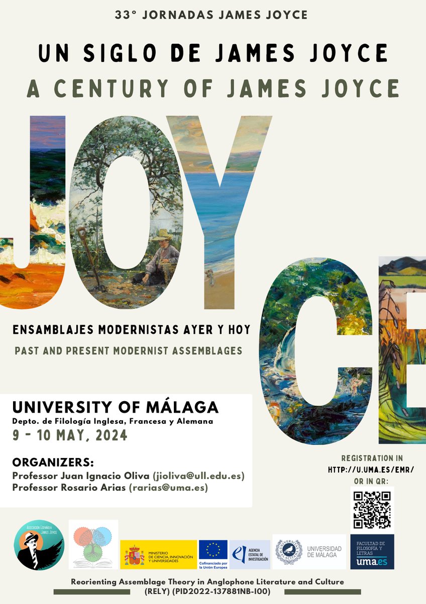 Esta semana se celebran en @LetrasUma las Jornadas sobre James Joyce “Un siglo de James Joyce: Ensamblajes modernistas ayer y hoy” 🗓️ 9-10 de mayo 🏦 Sala de Juntas Rodríguez de Berlanga Inscripción: u.uma.es/e0n/ Programa: u.uma.es/e0m/ @litcae @linglittrad