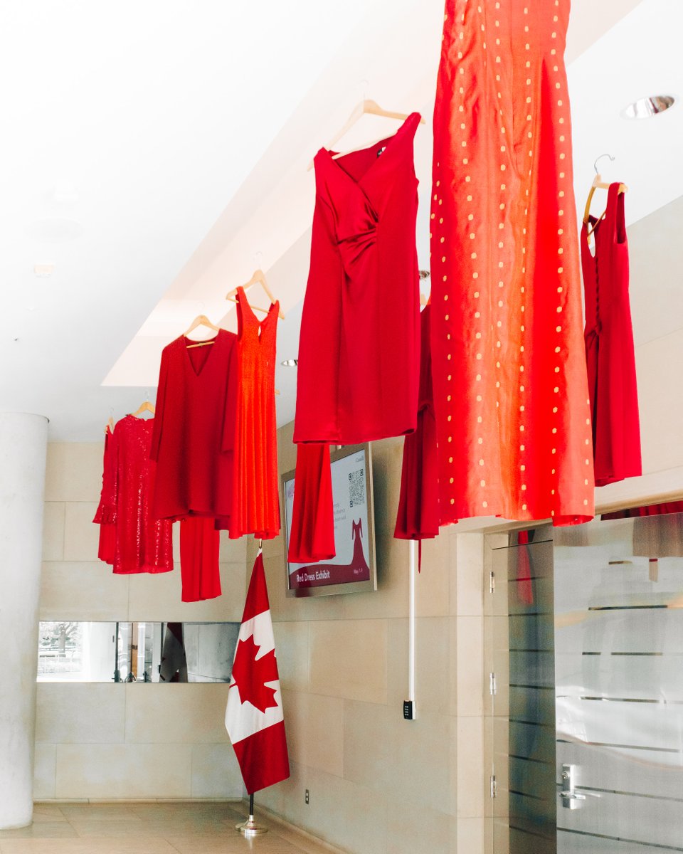 On #RedDressDay, we honour the missing and murdered Indigenous women, girls, and 2SLGBTQQIA+ people. Inspired by Métis artist Jaime Black, red dresses hang in our lobby as a reminder of the pain and loss felt by communities, and to raise awareness of this ongoing crisis. #MMIWG2S