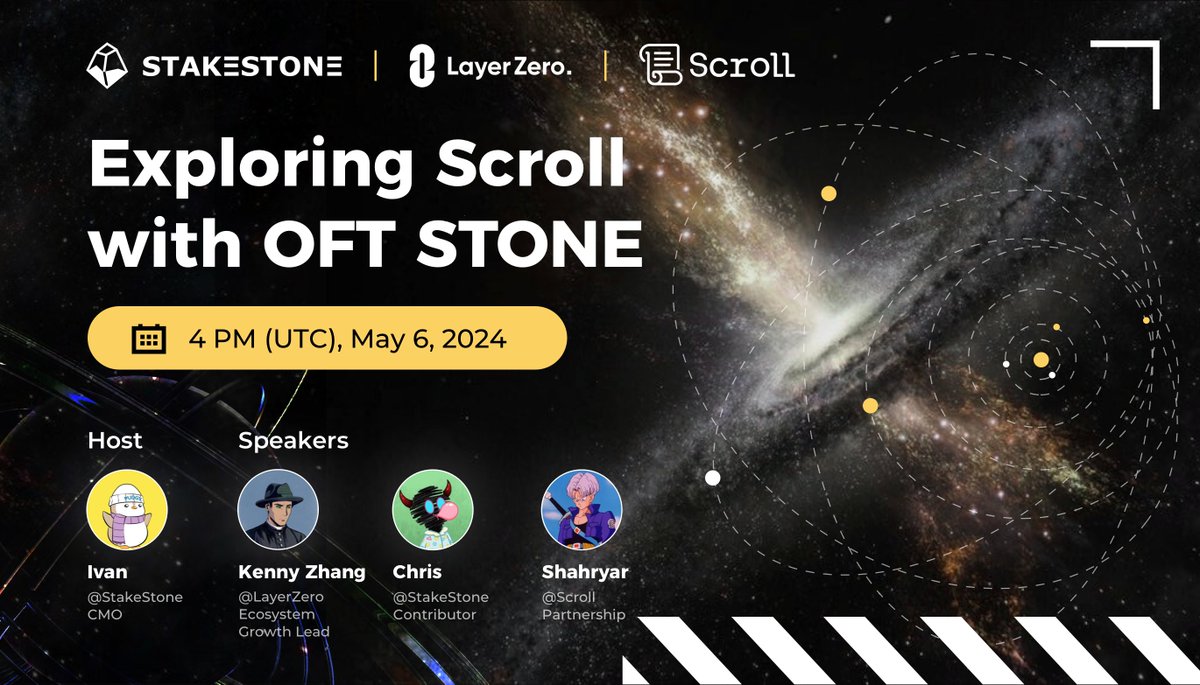 🎙️AMA: Exploring Scroll with OFT STONE ⏱️May 6, 2024, 4:00 PM UTC Set the reminder, and enjoy the insights shared by the guests from @Stake_Stone, @Scroll_ZKP, and @LayerZero_Labs ! AMA Link: x.com/i/spaces/1mrgm…