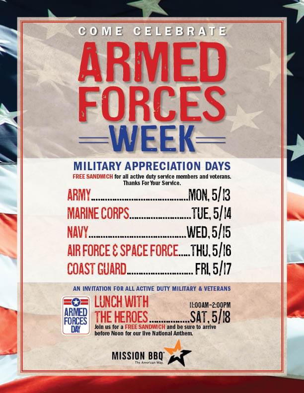 NEXT WEEK IS ARMED FORCES WEEK! We’re inviting all active service members & veterans to enjoy a FREE sandwich every day next week on their designated military branch day as our way of saying, 'Thanks For Your Service!'
