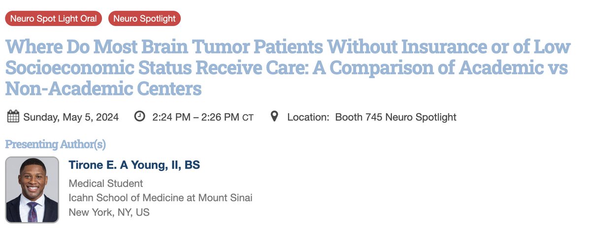 We would like to highlight some of the great work being presented TODAY at #AANS2024! Check out Tirone Young presenting in Booth 745! #WhatMatters #nsgy