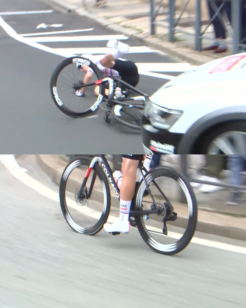 Tadej Pogacar ends up on the ground after a puncture with just over 10K to go #GirodItalia
