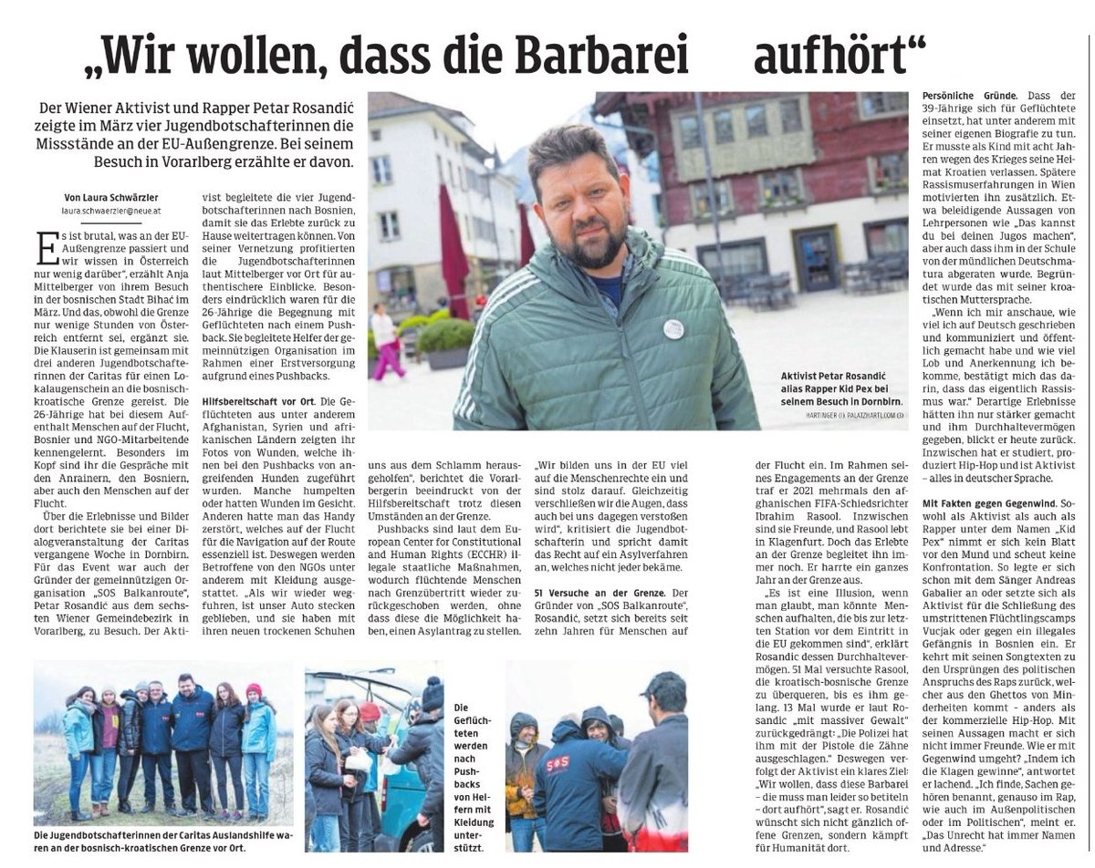 'Wir wollen, dass die Barbarei aufhört': Heute in der Neuen Vorarlberger Tageszeitung Klartext zu EU-Außengrenzen auf 2 Seiten, gemeinsam mit den Jugendbotschafter:innen der @CaritasAustria, die mit uns in Bosnien waren Danke an die Jugend, die nicht schweigt! ❤️