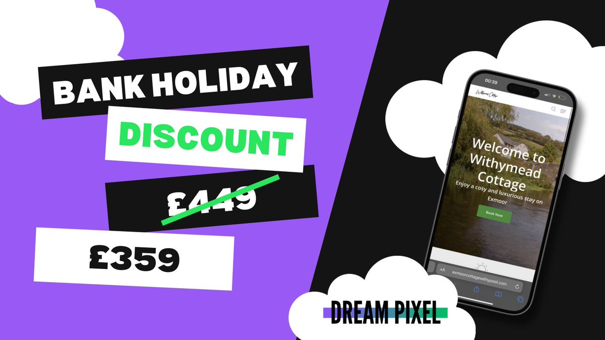 BANK HOLIDAY DISCOUNT 😮

Over 20% off the price of a £449 website, helping you save £90 on a brand-new website 💫

Offer ends 7th May 2024 ⏳

dreampixel.co.uk 💻

info@dreampixel.co.uk ⌨️