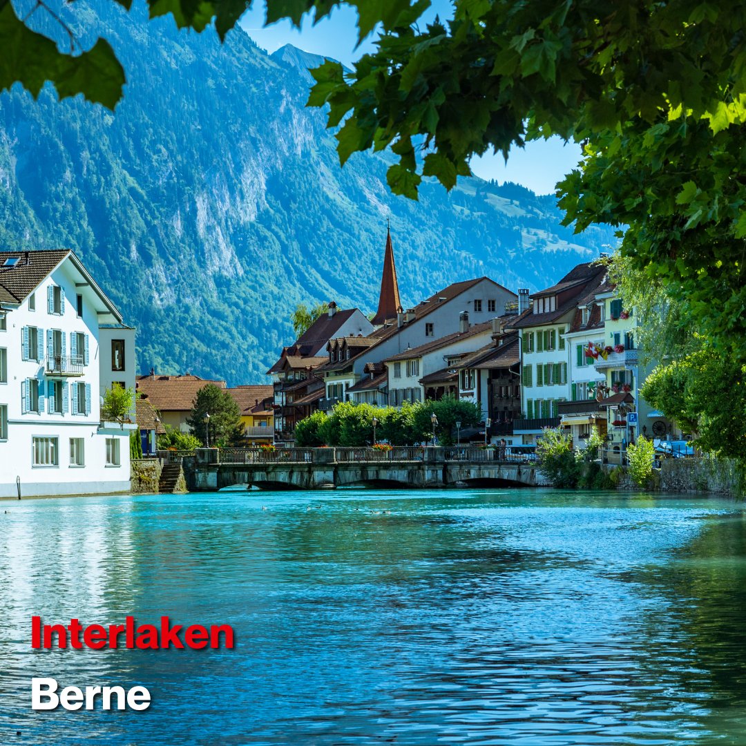Comme son nom l'indique, la magnifique ville d'#Interlaken est située entre deux lacs dans la région bernoise d'Oberland en #Suisse. 🇨🇭 Savez-vous quels sont ces deux lacs ?