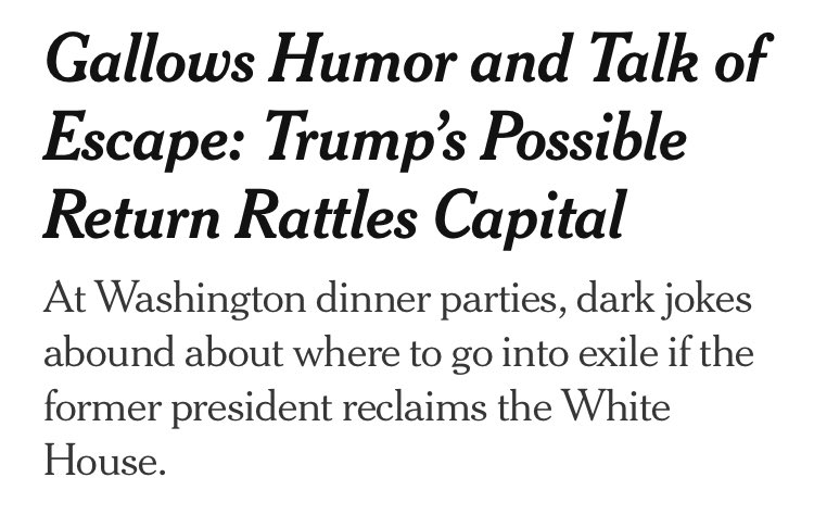 The New York Times is so New York Times. This story is centered on the feelings of rich people sipping cocktails, and it’s oblivious to the potential victims of a Trump dictatorship who couldn’t jet off to a second home in Portugal.