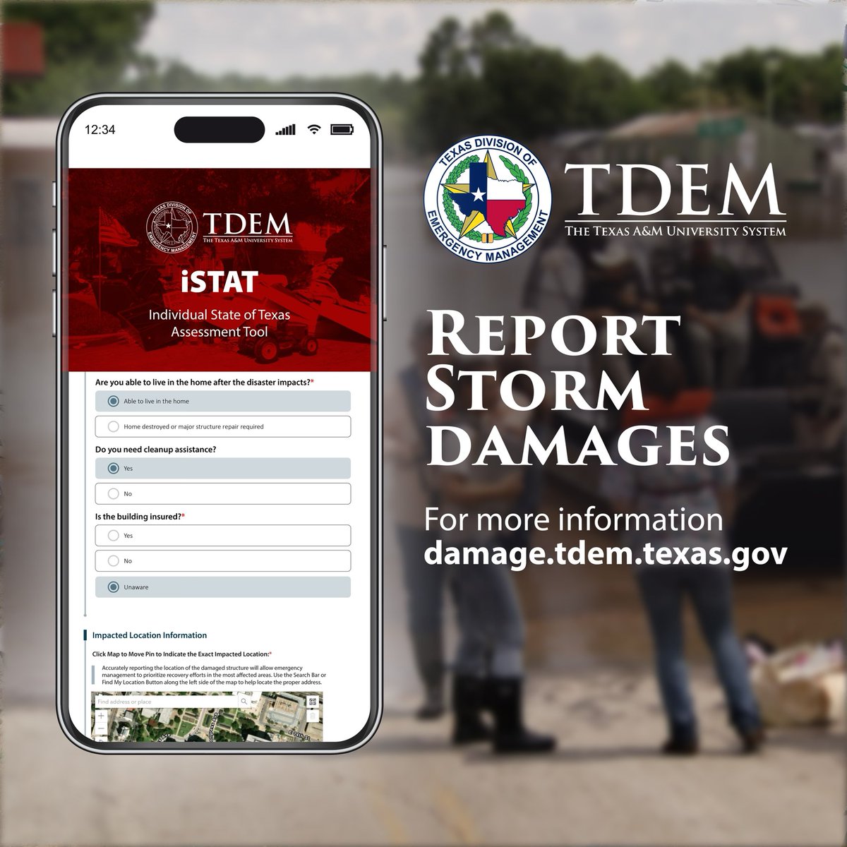 Texans who have damage to homes or businesses from storms & flooding are urged to report that damage. Property damage reports help officials determine eligibility for disaster assistance & identify resource needs. Fill out a damage survey online: damage.tdem.texas.gov #txwx